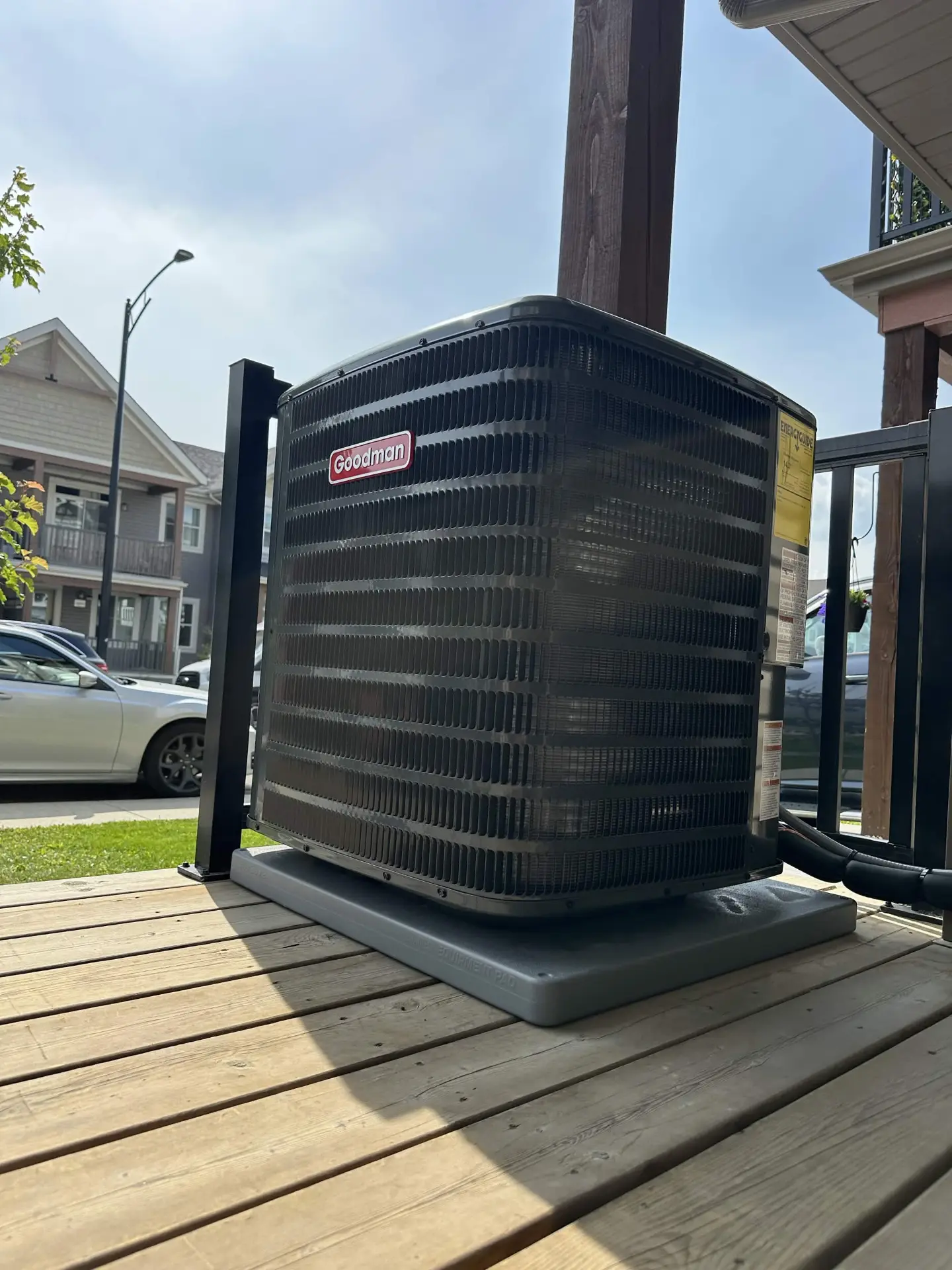 Goodman air conditioner installed on a residential deck